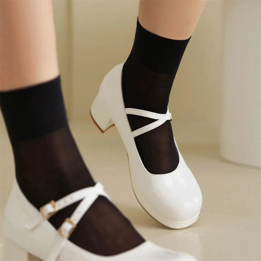 Big Size 30-48 Sweet Lolita Pink Mary Jane Shoes Women Round Toe Cross-Straps Platform White Block Heel Cute Dress Pumps