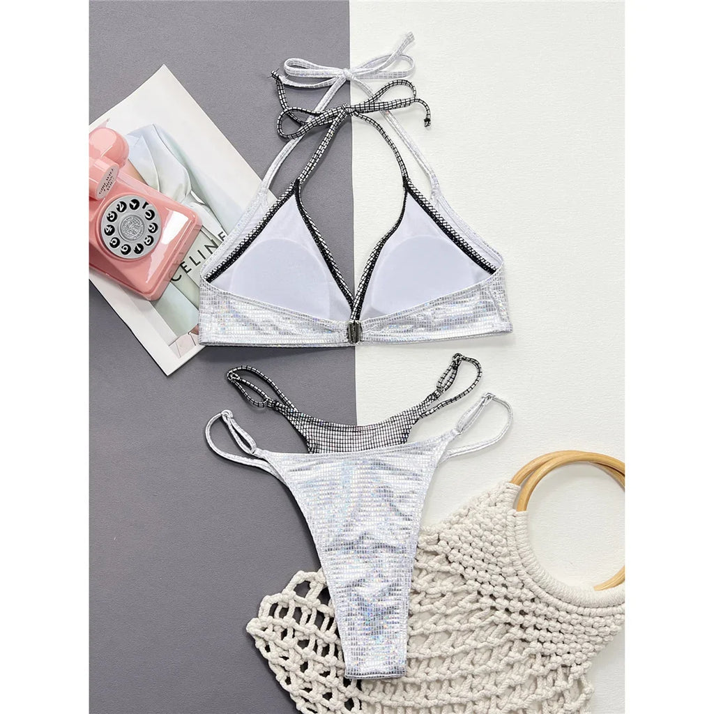 Shiny Sequin Splicing Halter High Cut Bikini Women Swimwear Female Swimsuit Two-Pieces Bikini Set Bather Bathing Suit Swim V4609