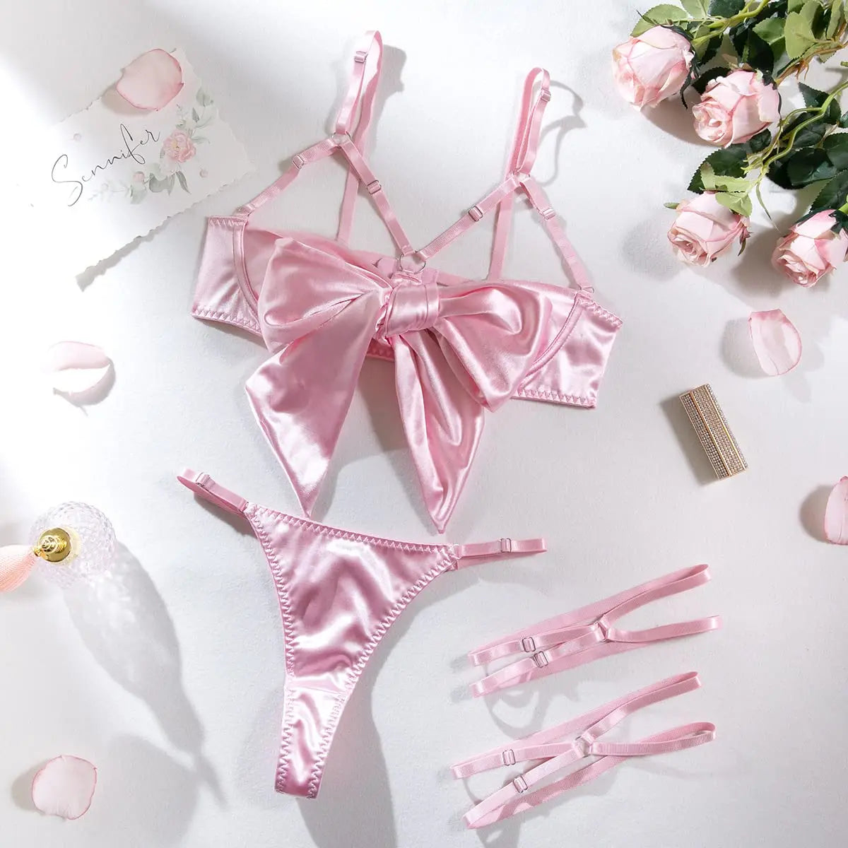 Women's 3 Piece Lingerie Set Sexy Hollow Out Satin Bow Tie Bra and Panty Set with Thigh Straps