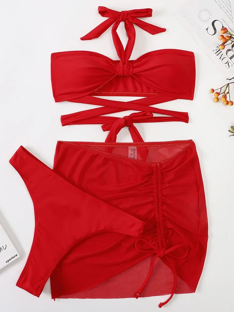 3 PCS Mesh Skirt Halter Wrap Around Bikini Female Swimsuit Women Swimwear Three-pieces Bikini Set Bathing Suit Swim Beachwear