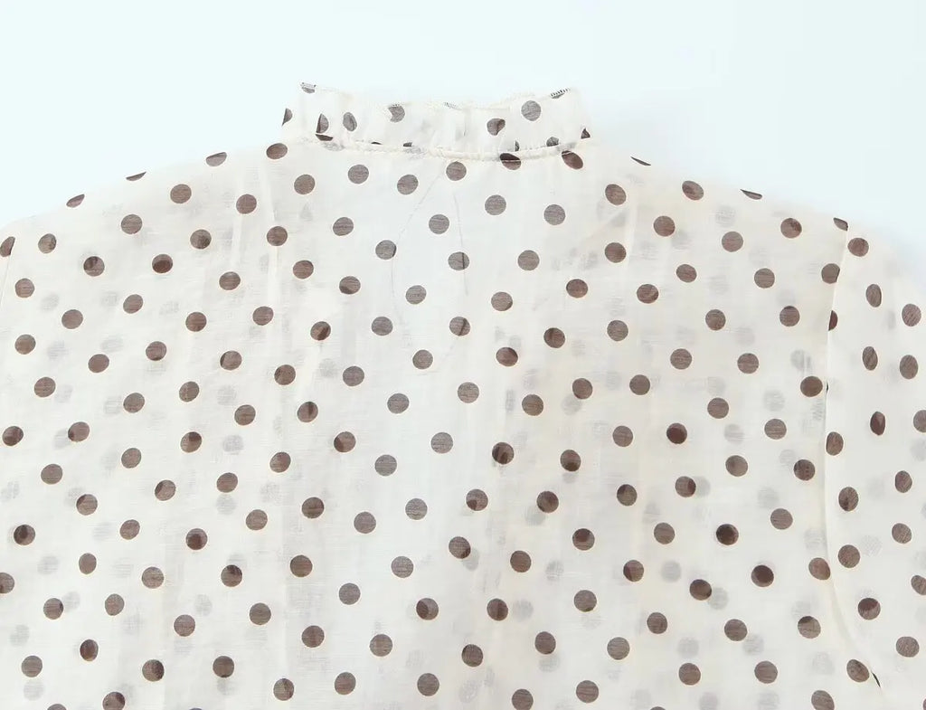 2026 Spring New Women Elegant Loose V Neck Wave Trim Polka Dot Blouse Thin Long Sleeve Top