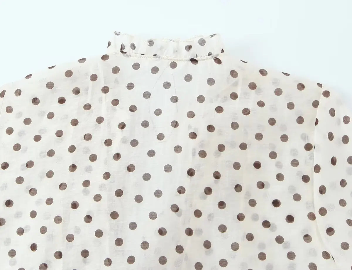 2026 Spring New Women Elegant Loose V Neck Wave Trim Polka Dot Blouse Thin Long Sleeve Top