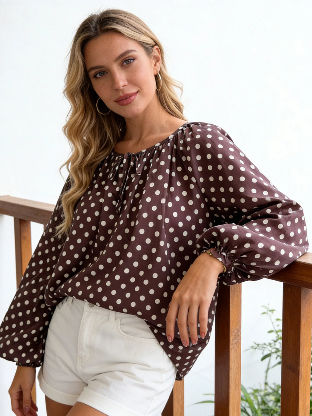 Women Puff Long Sleeve Crew Neck Spring Fall Tops Fashion Dot Print Casual Loose Fit Flowy Blouse
