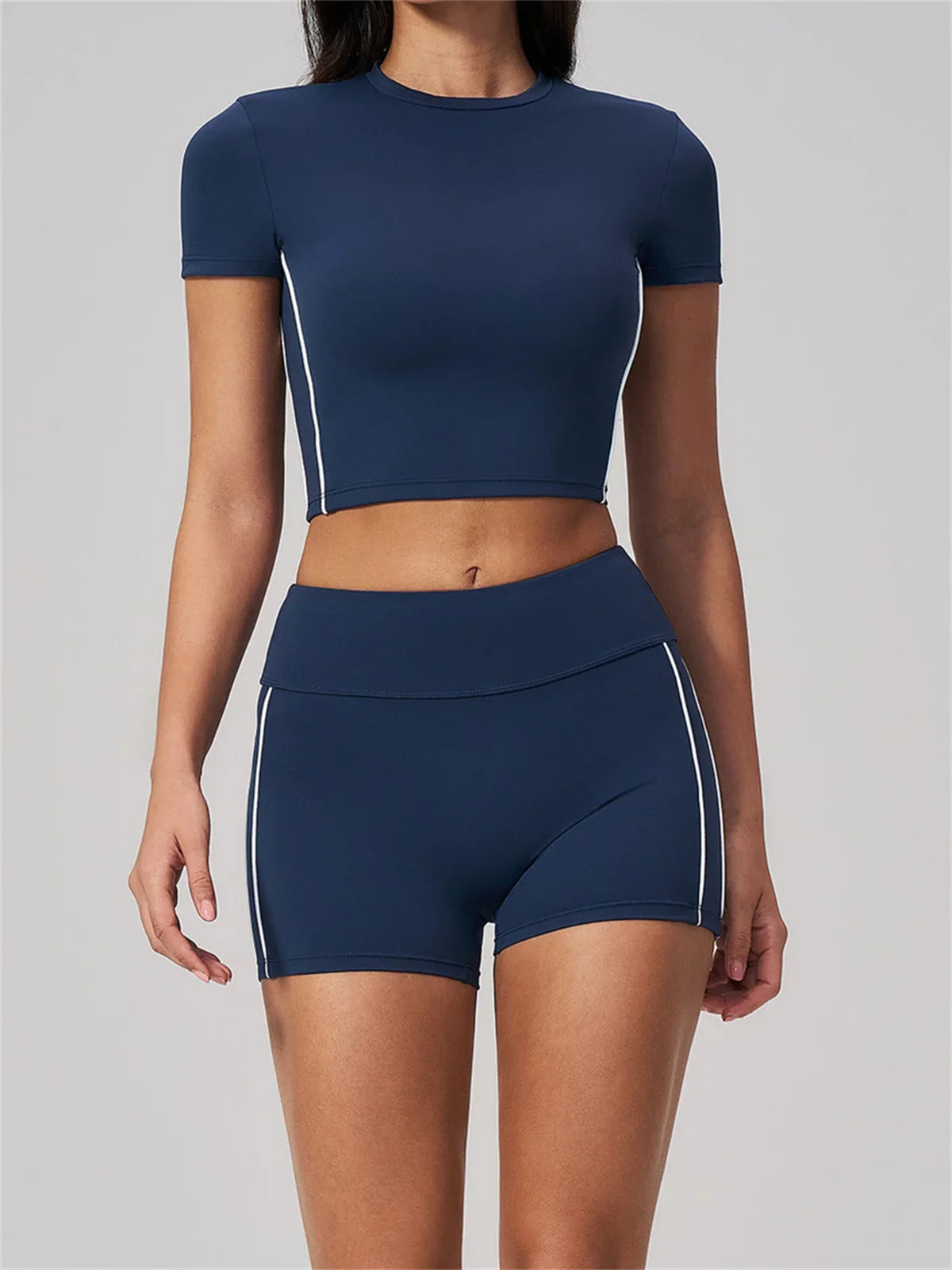 Color Contrast Yoga Suit Women Short Sleeve O Neck Sports T Shirts Tracksuit Outwear High Waist Shorts Gym Running Fitness Suits
