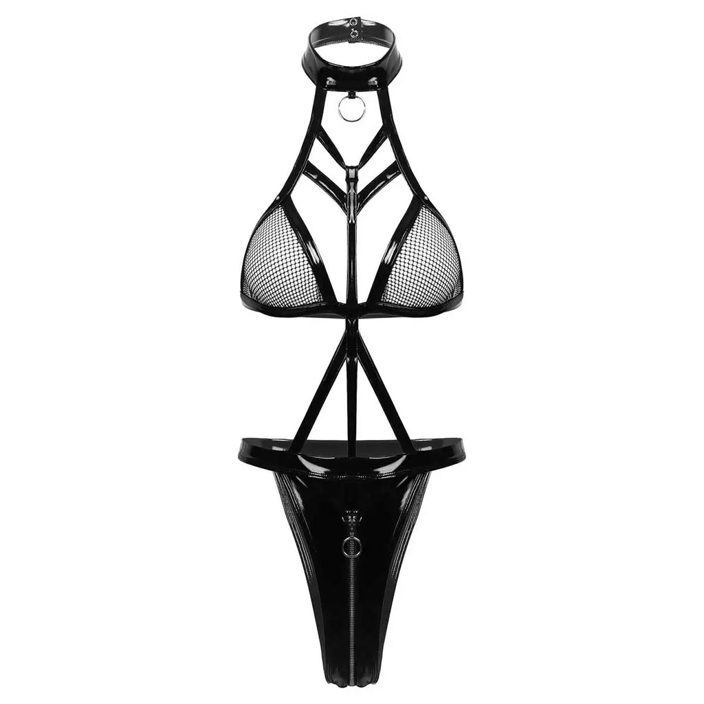 Porn PU Leather Erotic Open Crotch Bodysuit Zipper Open Crotch Bandage Breast Latex Women Sexy Lingerie