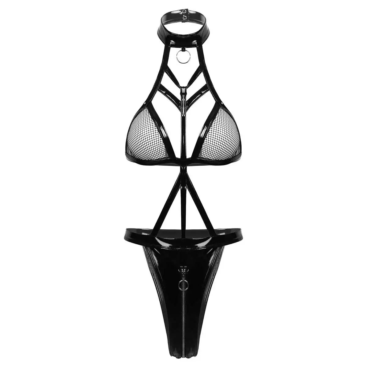 Porn PU Leather Erotic Open Crotch Bodysuit Zipper Open Crotch Bandage Breast Latex Women Sexy Lingerie