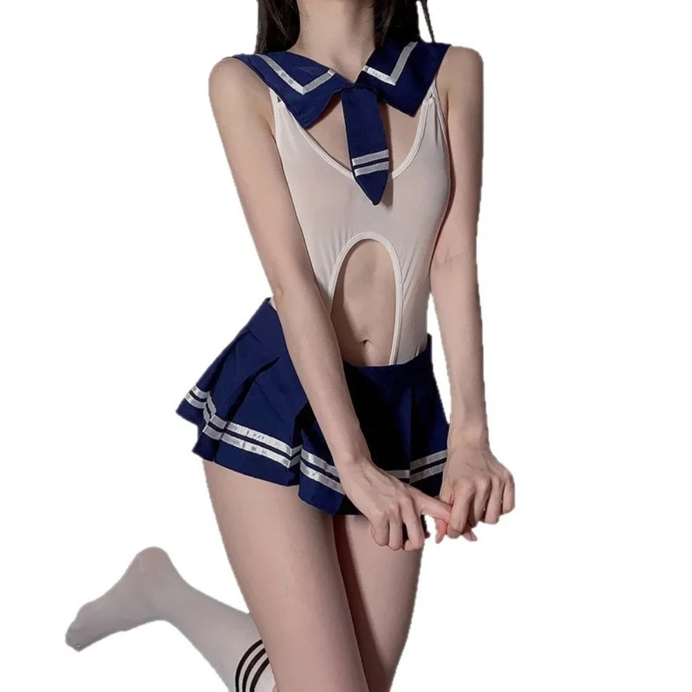 Sexy JK Uniform Lingerie Set for Women Plus Size Pure Desire Student Style Cos Sailor Suit Academy One-Piece Crotchless Lingerie