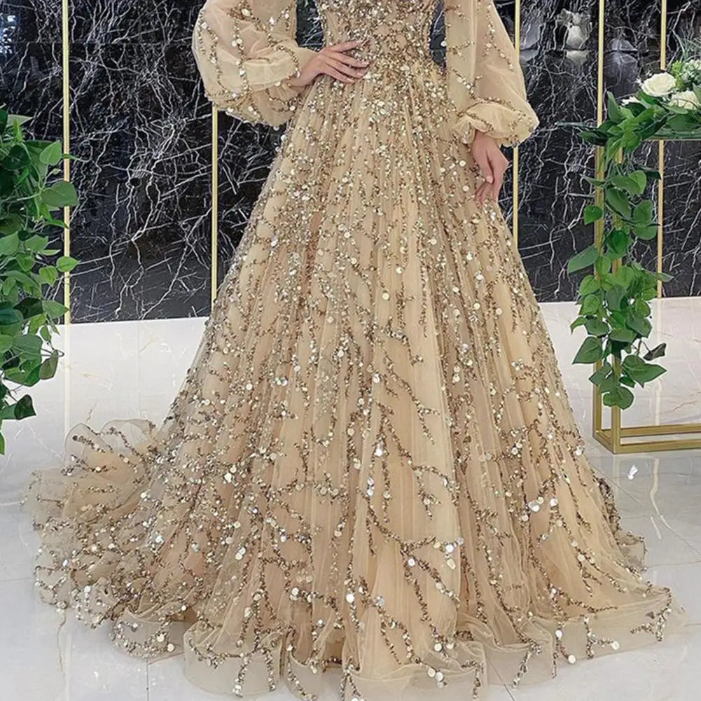 Women Evening Dress Lantern Sleeve V Neck Shiny Sequin A-line Double-layered Floor Length Mesh Cocktail Party Dress Prom Gown