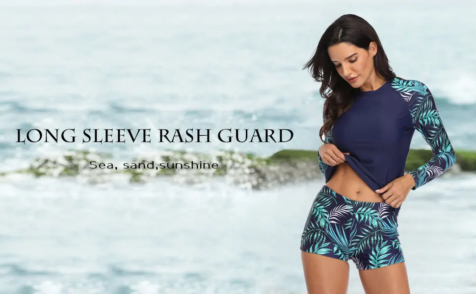 Women Two Pieces Vintage Print Rash Guard Swimwear Long Sleeve Shirt Shorts Surf Top Retro Print Running Shirt Split Swimsuit