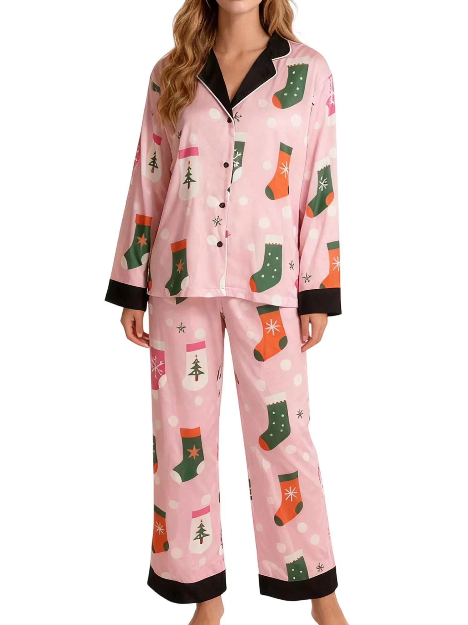 Women's Christmas Pajamas Set Long Sleeve V Neck Stocking Tree Print Tops and Pants Lounge Wear Two Pieces Suits