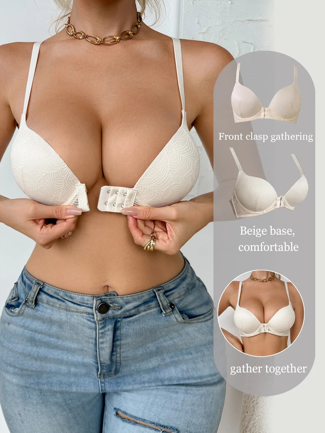 Women's Everyday Floral Embossed Thin Cup Push up Bra, Front Clasp Lace Backless Soft Comfort Underwear