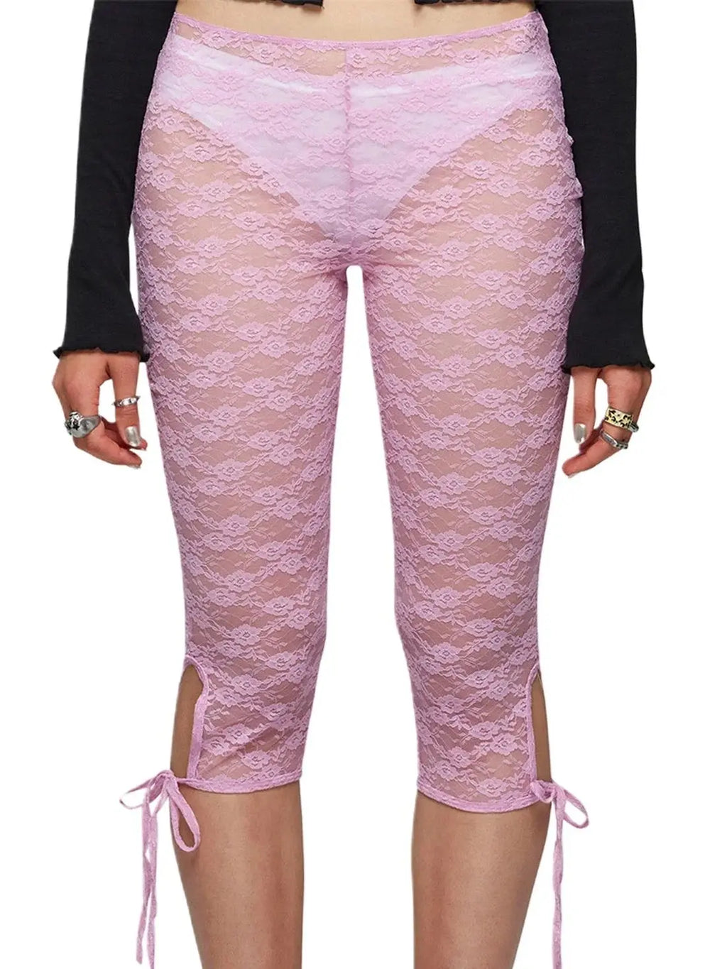 Women Lace Capri Leggings Flower See Through Low Rise Knee Length Tight Shorts with 3D Bows