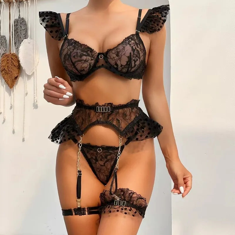 Toucheart 7PCS Women Sexy Lace See-through Hollow Out Interesting Underwear Garters Slim Backless Spaghetti Strap Sexy Mesh Set