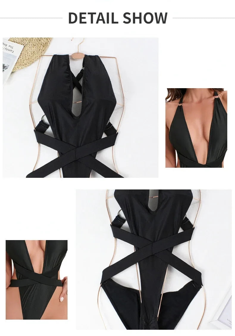 New Sexy One Piece Swimsuit Swimwear Women Black Deep V-neck Bandage Cross Backless Beachwear Bathing Suit Banadores Mujer 2026