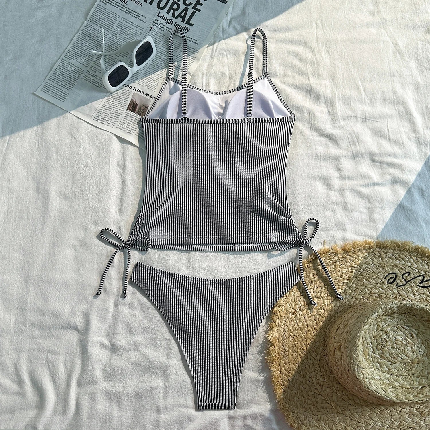 2025 New Split Swimsuit Women's Drawstring Backless Fashion Sexy Stripes Gather Slim and Thin Swimsuit Купальник Женский