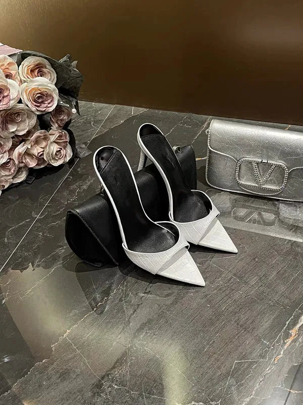 Women Crocodile Texture Pointed Toe Mule Heels Slip On Stiletto High Heel Slippers Elegant Daily Club Party Dress Sandals