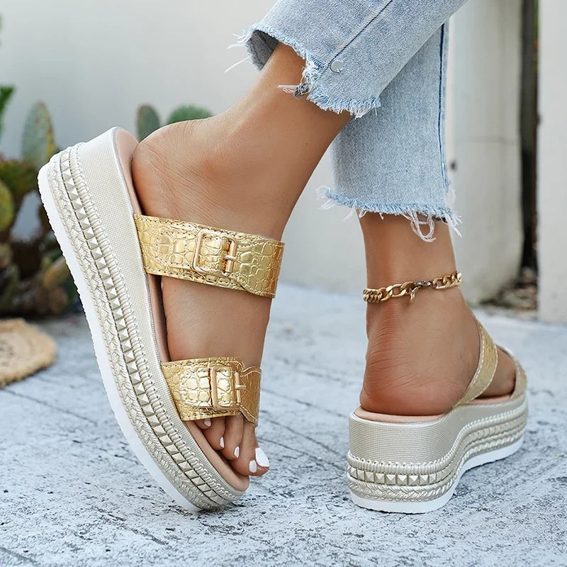 Fashion Buckle Wedge Platform Sandals Women Summer Plus Size 43 Chunky Heel Sandals Woman Heighten Thick Sole Gold Sandles Mujer
