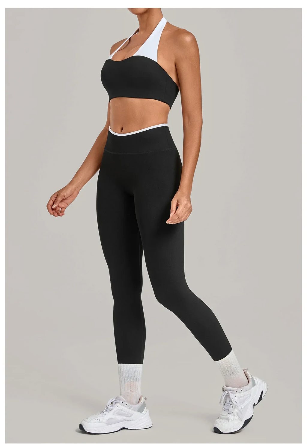 2 Pieces Color-block Yoga Sets Women  Hanging Neck Sports Bra High Waist Pants Built-in Pockets Outdoor Fitness Workout Suit