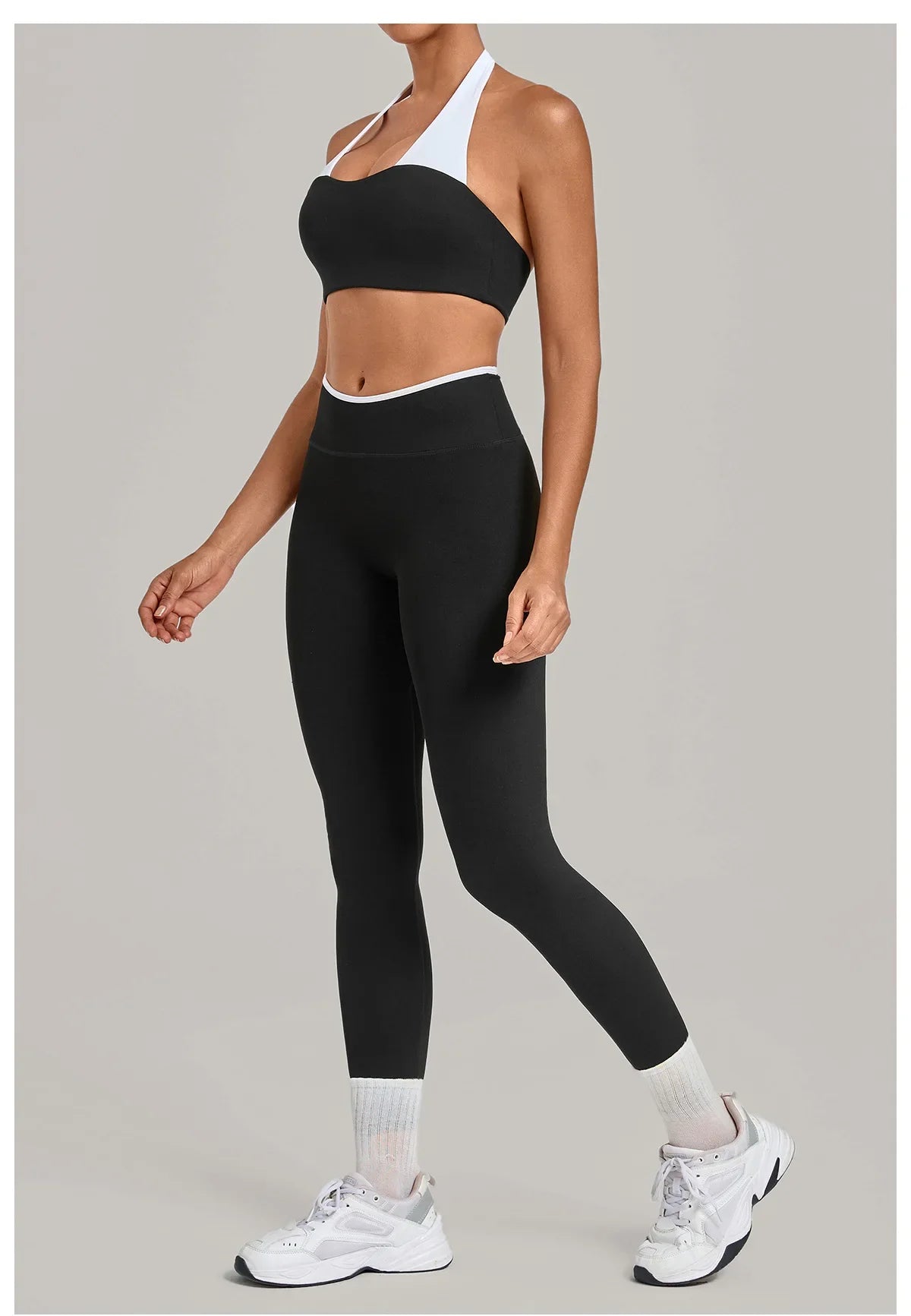 2 Pieces Color-block Yoga Sets Women  Hanging Neck Sports Bra High Waist Pants Built-in Pockets Outdoor Fitness Workout Suit