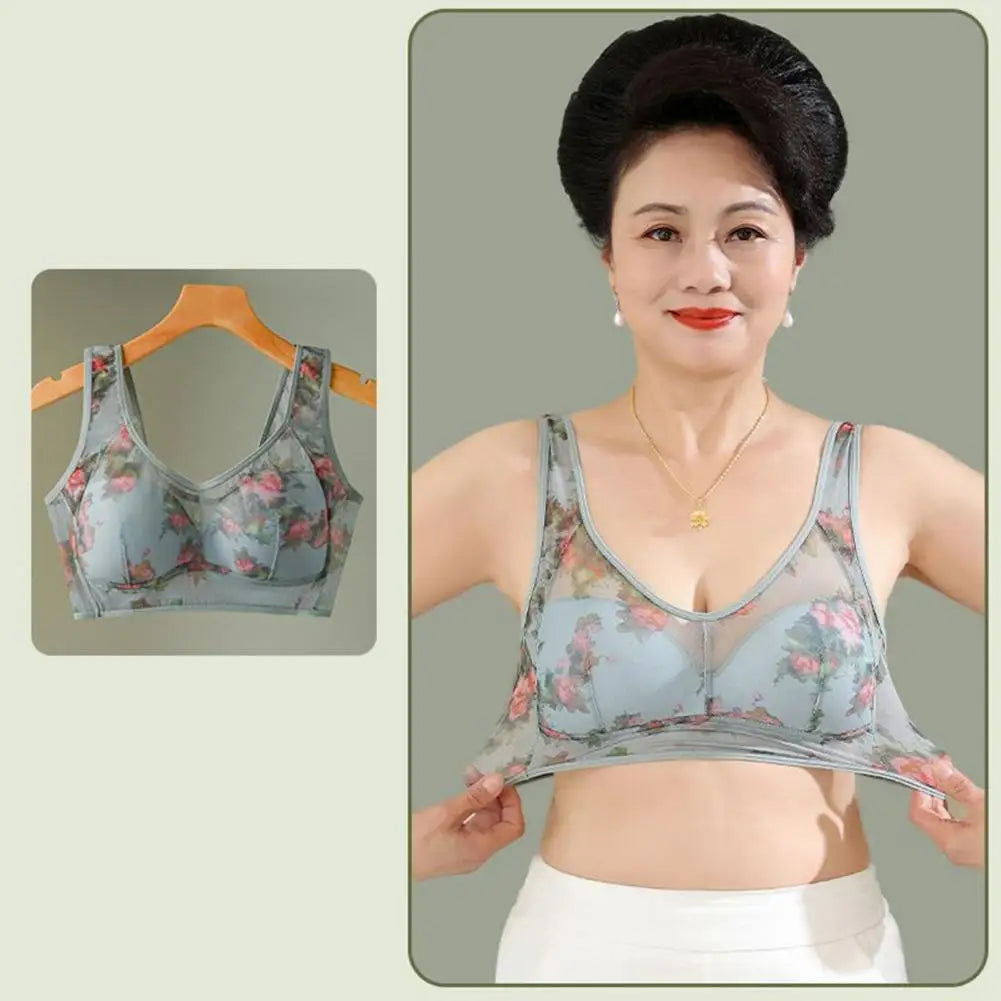 Women Bra Mesh Thin Floral Print Mid-aged Wide Shoulder Strap Wireless Anti-snagging Push Up Seamless Mother Bra