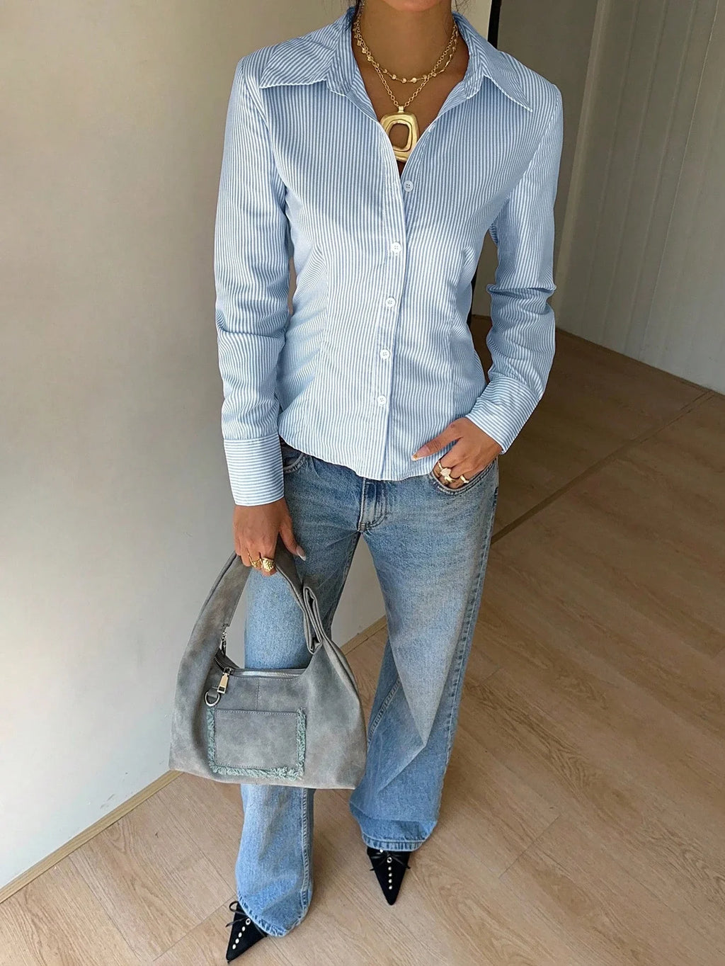 Women's Elegant Back Tie Design Long Sleeve Shirt Office Lady Slim Fit Stripe Turn-down Collar Blouse Spring Fall