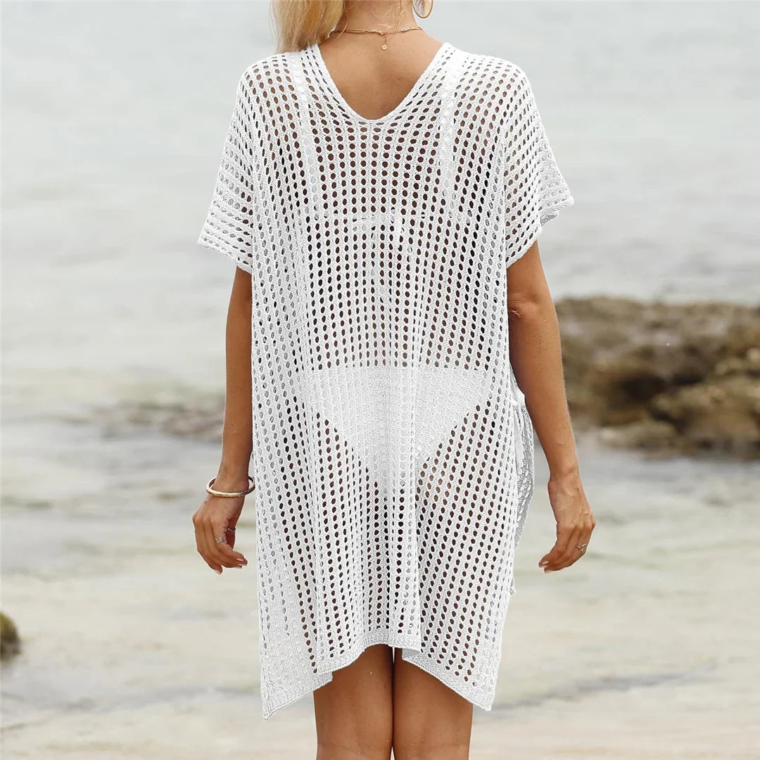 Short Sleeve V Neck Hollow Out Crochet Knitted Tunic Beach Dress Beach Wear Beachwear Beach Cover Up Cover-upsFemale Women V8061