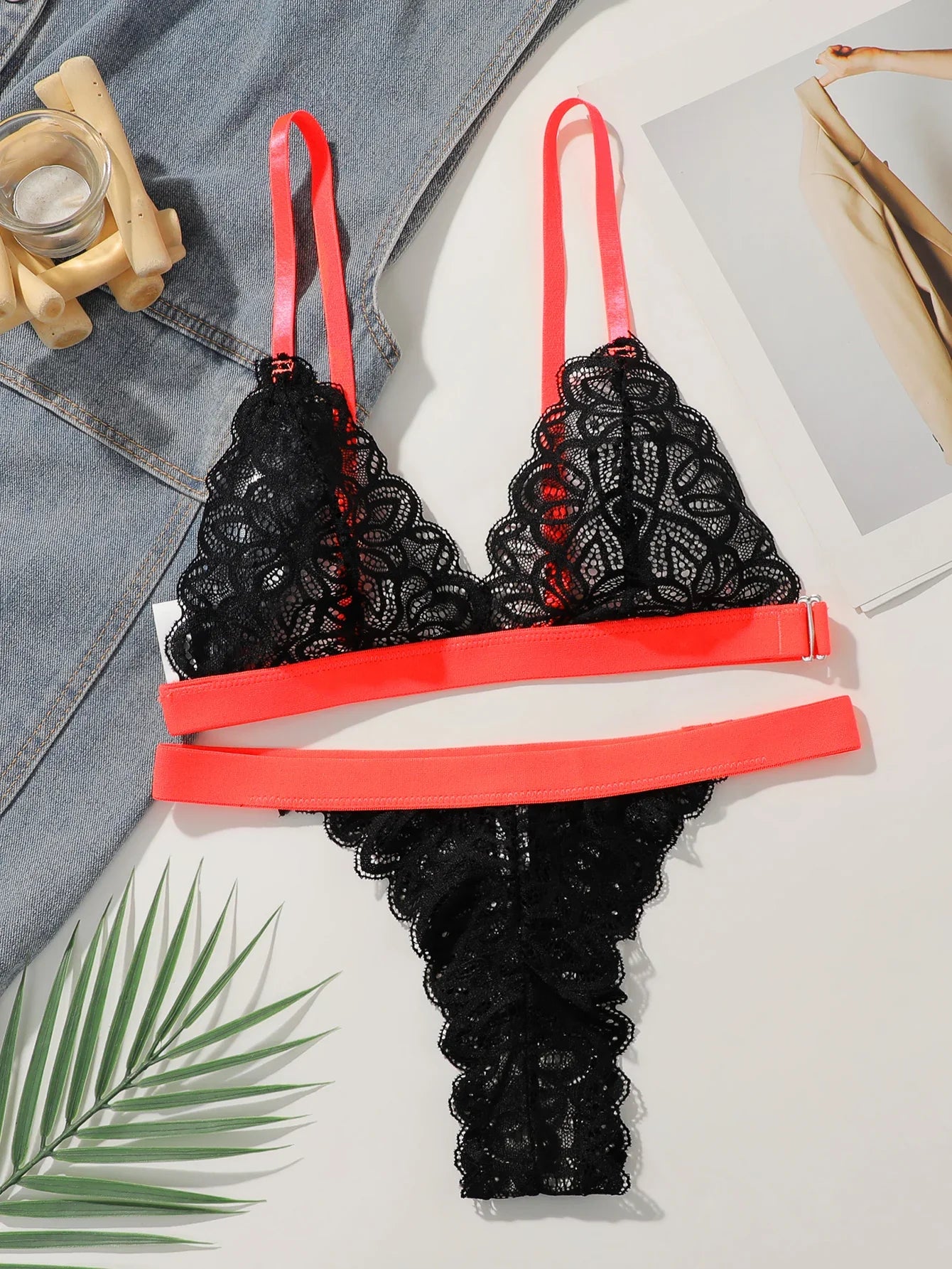 Women Contrast Strap Lace Lingerie Set Deep V Bralette & Thong 2 Pieces Sexy See Through Floral Lace Intimate Underwear C3075