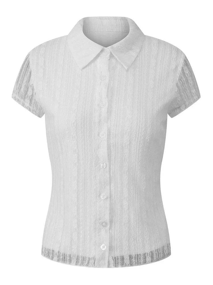 Women White Lace Shirts Solid Color Lapel V Neck Short Sleeve Slim Fit Tops and Blouses Summer Elegant