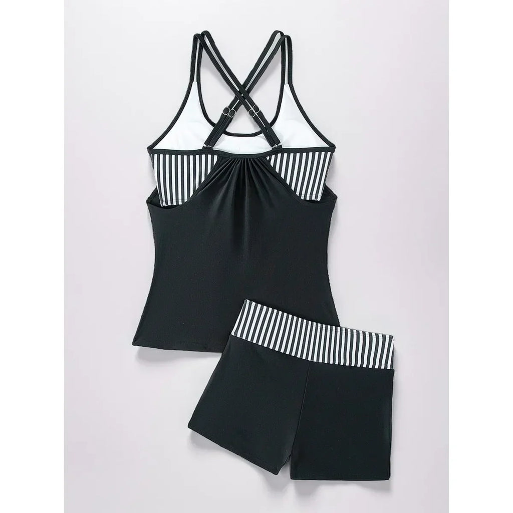 Women's Conservative 2 Piece Swimsuit Black Stripe Print Patchwork Tankini Bikini Set Suspender Cross Backless Bathing Suit 2025