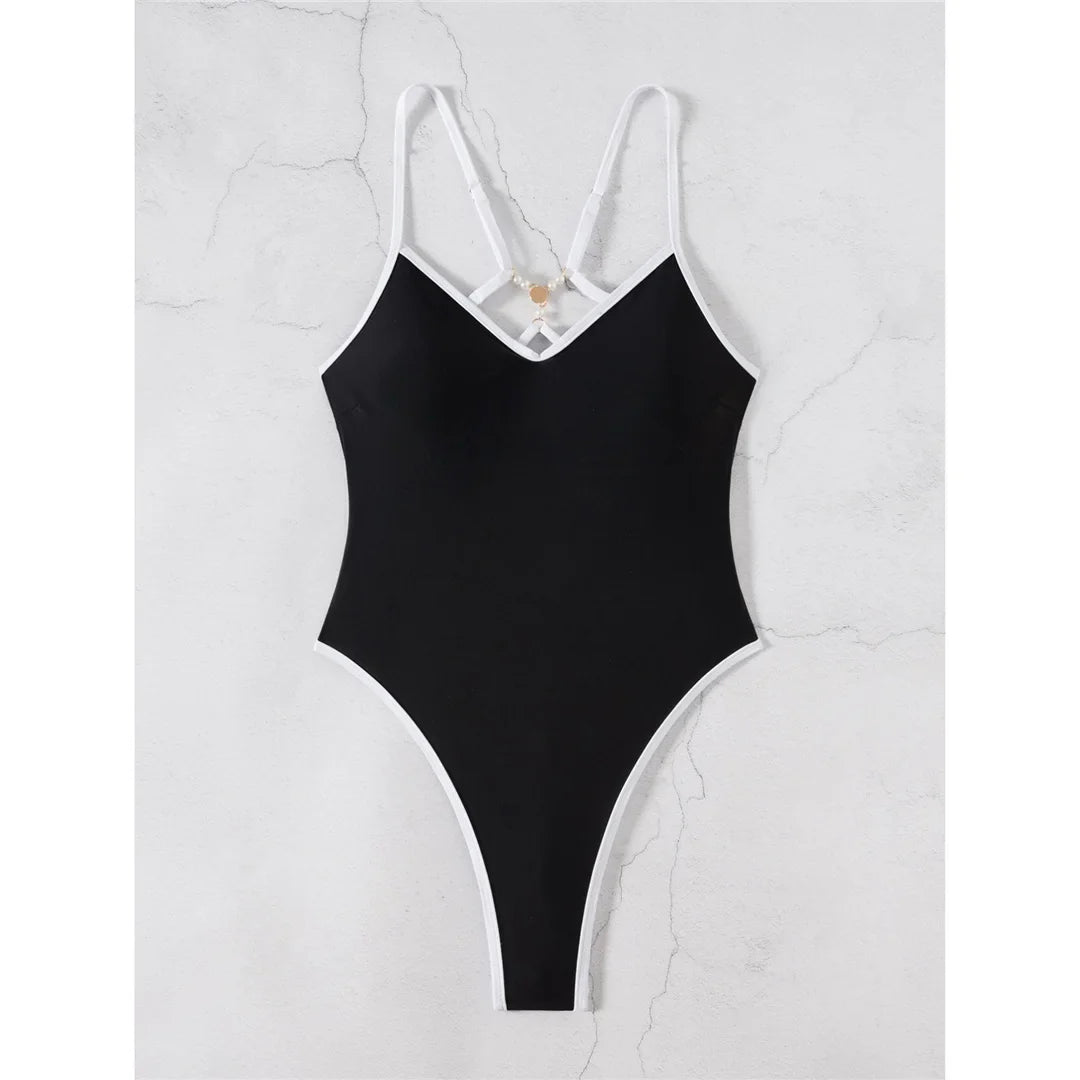 Extreme String Mini Micro Thong Women Swimwear One Piece Swimsuit Female Backless Pearls Padded Bather Bathing Suit Swim K7410
