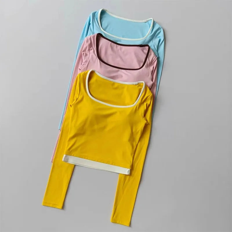 Autumn New Contrasting Yoga Suit for Women with Chest Pad Top Slim and Slim Pilates Running Sports Fitness Long Sleeves Shirts