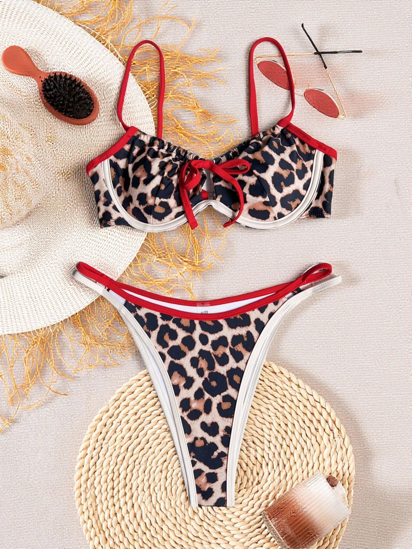 Contrast Color Leopard Swimsuit for Women Sexy Push Up Thong Bathing Suit Beachwear Underwire Low Waist Swimwear String Bikinis