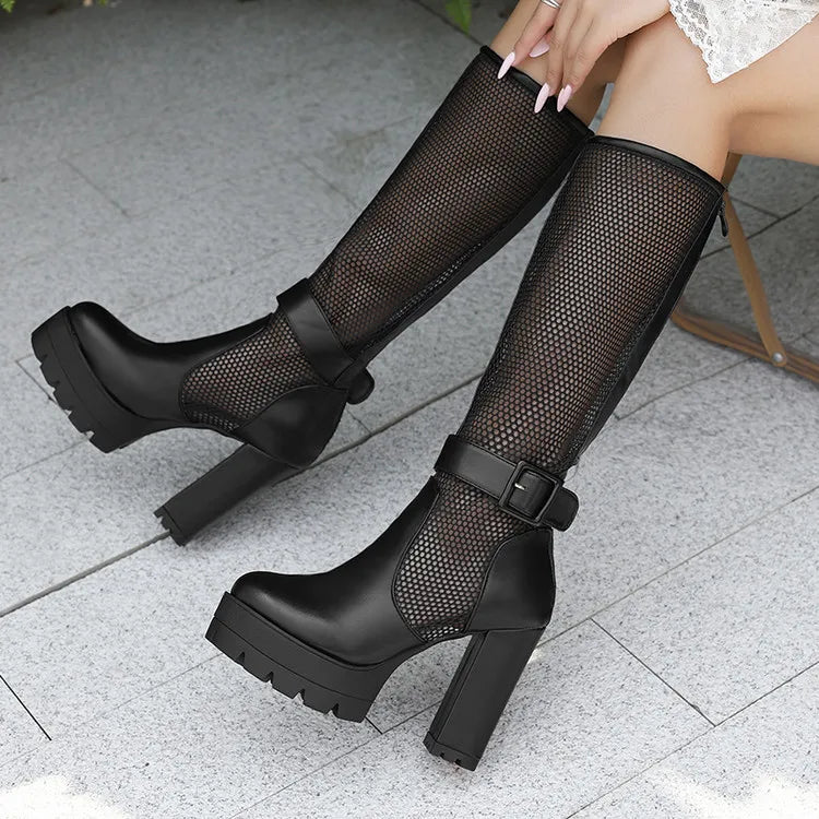 Plus Size Mesh Fabric Splicing PU High Socks Boots Ankle Buckle Ultra Thick Heel Back Zipper Breathable Summer Knee High Boots