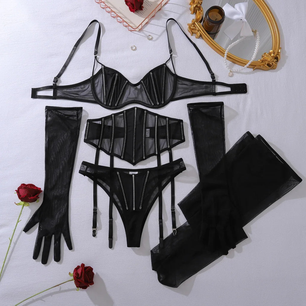 Toucheart Erotic Lingerie black Thin model see-through mesh Patchwork Body shaping gather together pure desire 5PCS with Gloves