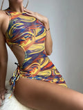 Dress Bikini 2025 Women Sexy High Neck Cut Out Mesh Cover Up Pleate Swimsuit Orange Gradient Bathing Suit Beach 3 Piece Swimwear