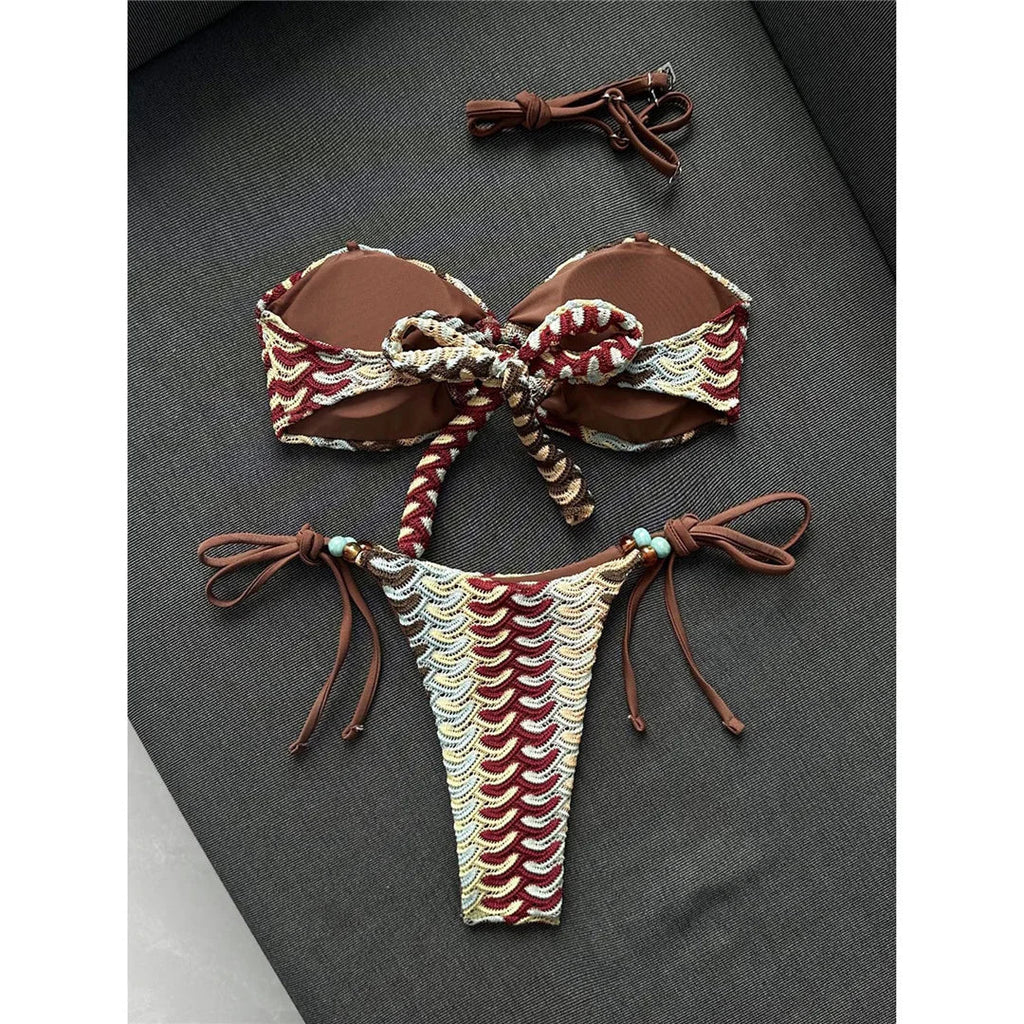 Printed Halter Bandeau Bikini Female Swimsuit Women Swimwear Two-Pieces Bikini Set High Leg Cut Bather Bathing Suit Swim V8338