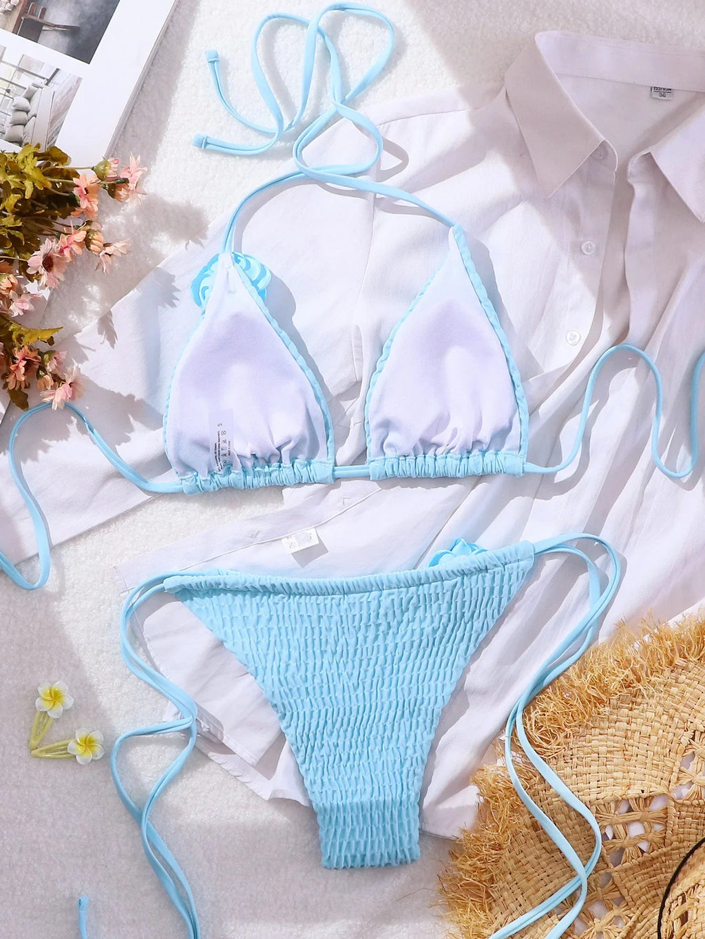 DEKA Women Sexy Thong 3D Flowers Bikini Set Halter Strappy Bikini Thong Swimwear Female Swimsuit Two-pieces Bather Bathing Suit