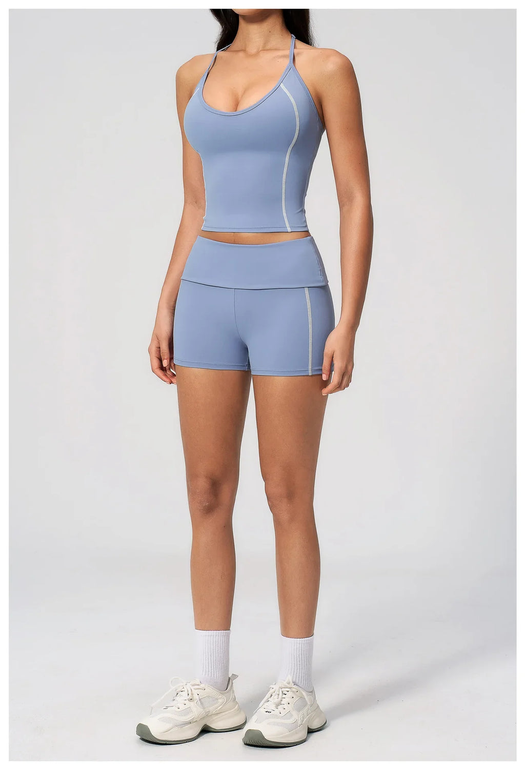 2PCS Women Yoga Sets Color Contrast Hanging Neck V Neck Slimming Sports Tank Top Flip High Waist Shorts Gym Running Fitness Suit