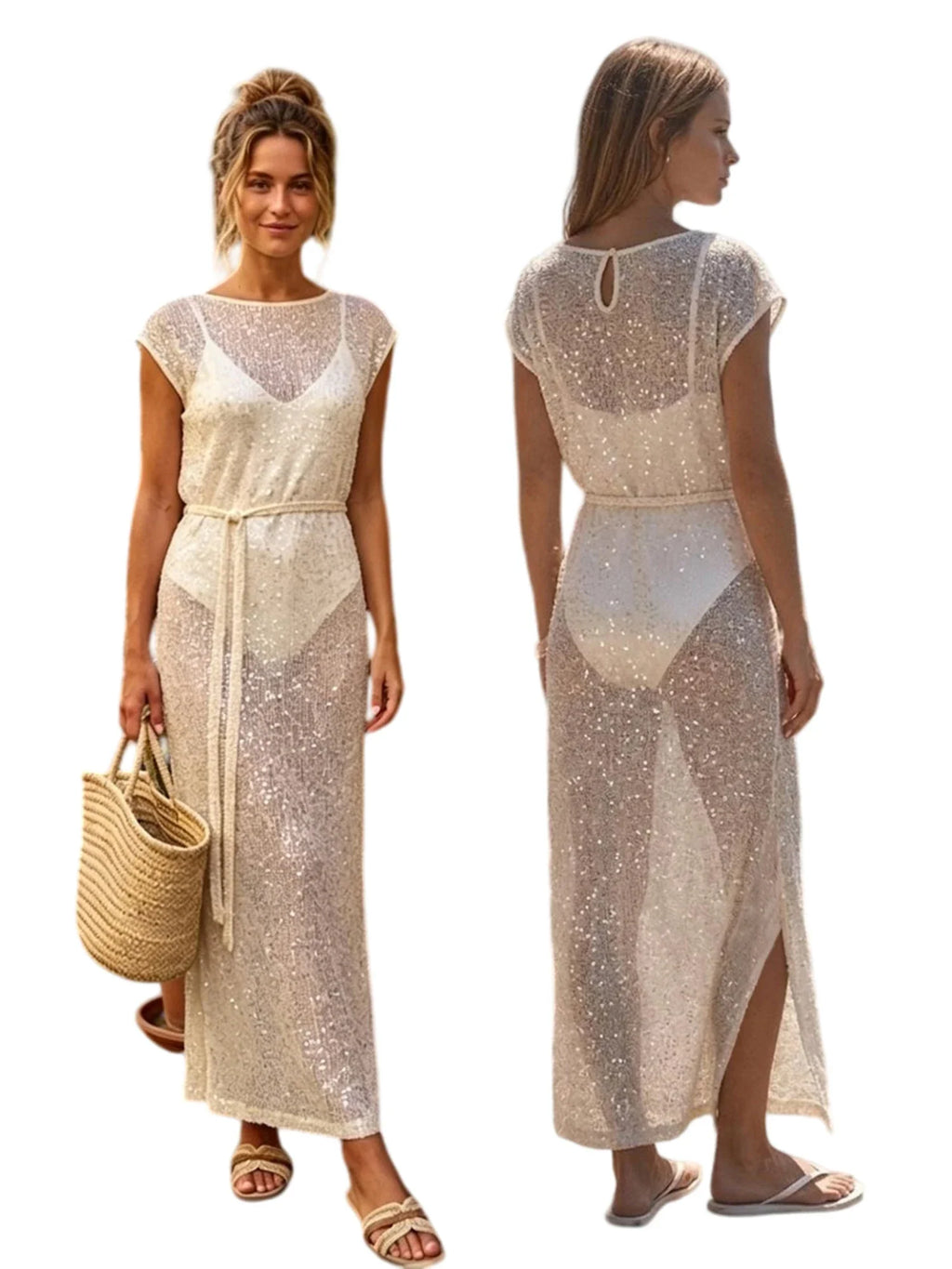 Women's Solid Color Knit Sheer Dress Summer Swim Cover Up Cap Sleeve Round Neck Sequin Dresses for Beach