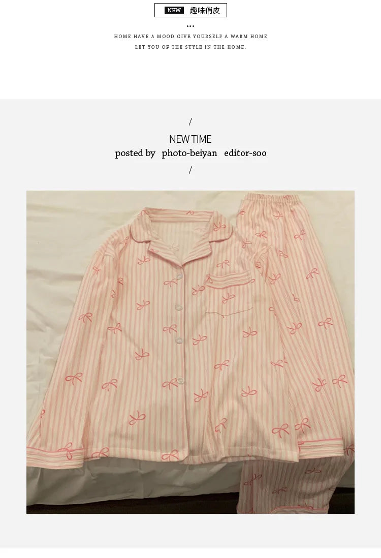 Spring Autumn New Women's Pajamas Long Sleeved Long Pants Sweet Printed 2-piece Set Casual Home Cardigan Nightgown