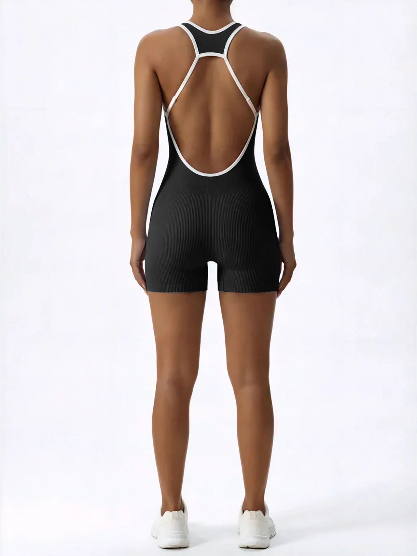 Sleeveless Contrast Trim Backless Yoga Romper Seamless Body Shaping Sport Jumpsuit for Running Training