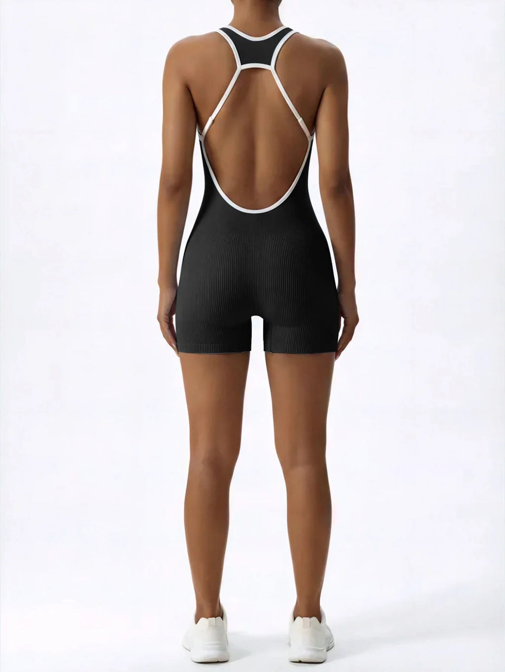 Sleeveless Contrast Trim Backless Yoga Romper Seamless Body Shaping Sport Jumpsuit for Running Training