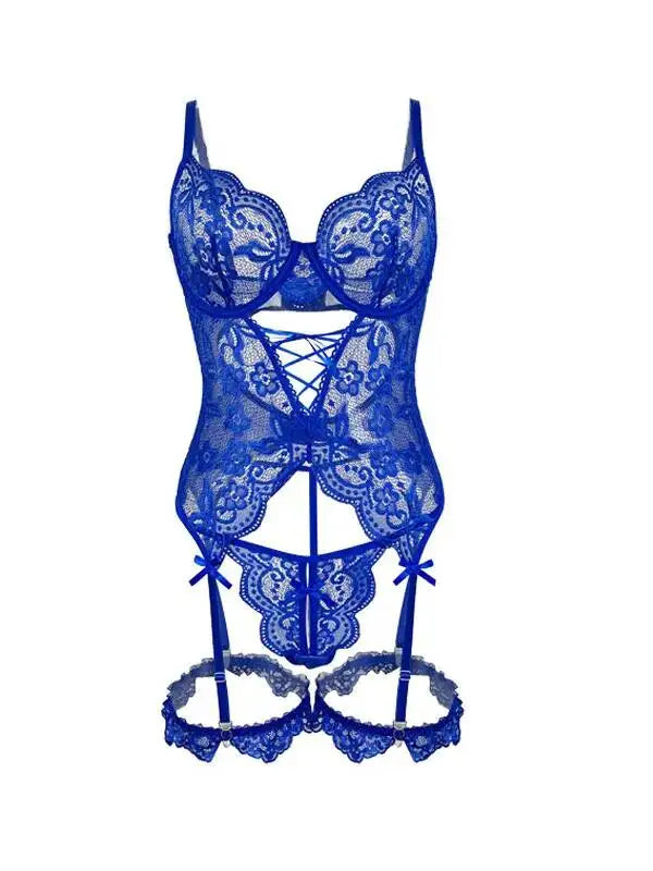 New Sexy Blue Lace Soft Steel Ring Cross Strap Garter Bodysuits Pure Desire Backless Deep V Suspenders Sleeveless Bodysuits Y7JW
