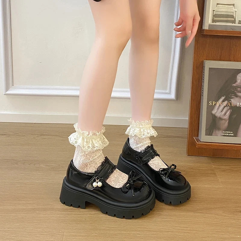 Sweet Bowknot Lace Strap Platform Mary Jane Shoes Women Korean Patent Leather Jk Lolita Shoes Woman 2025 Thick Heel Pumps Female
