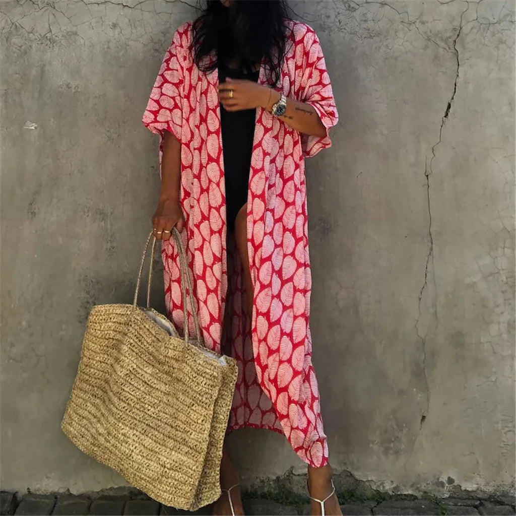 7 Colors Leaves Printed With Belt Half Sleeve Tunic Beach Cover Up Cover-ups Beach Dress Beach Wear Beachwear Female Women V4511