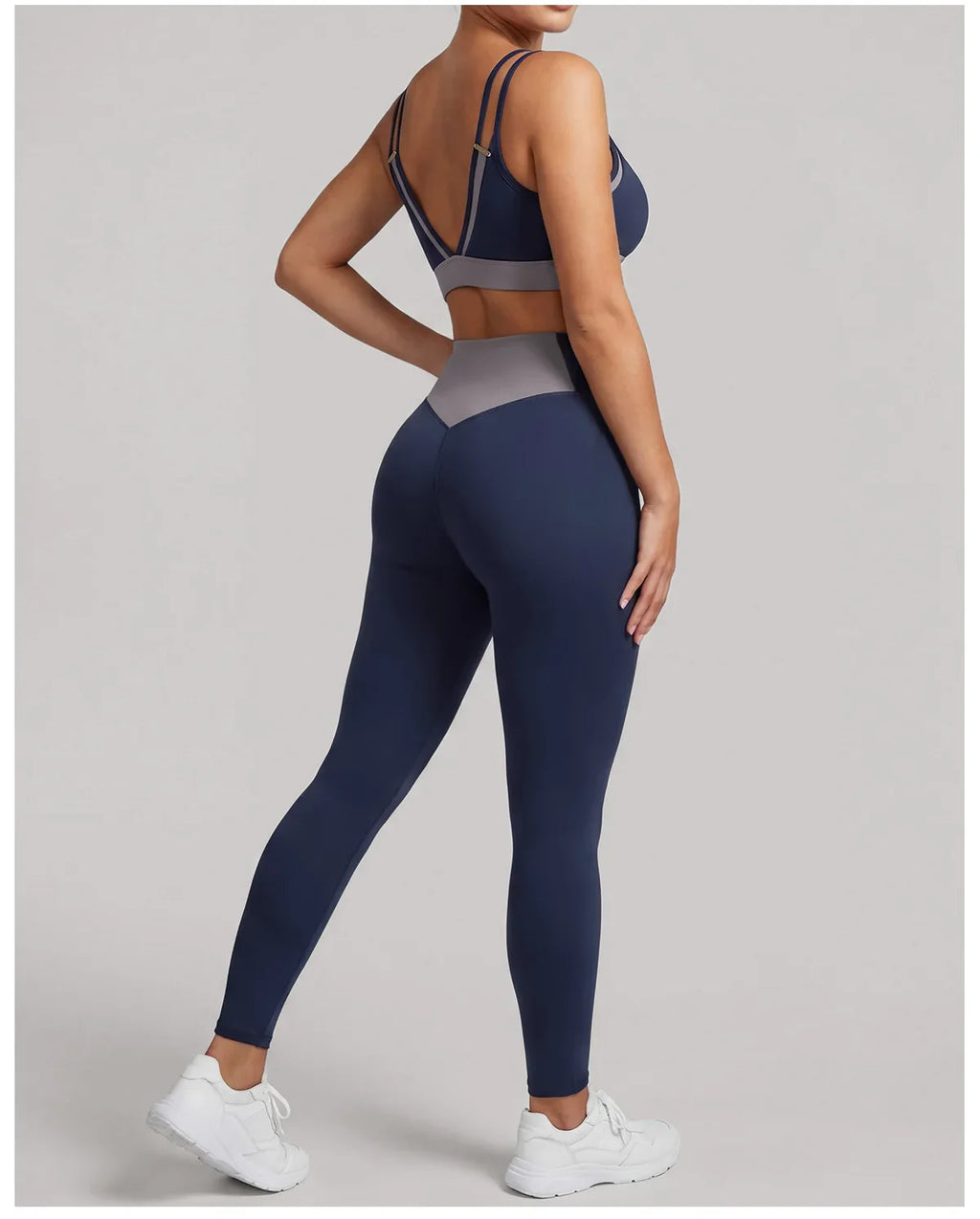 Summer Color-block Yoga Sets Women Thin Strap Open Back Shockproof Sports Bra Tight High Waist Leggings Training Fitness Suits