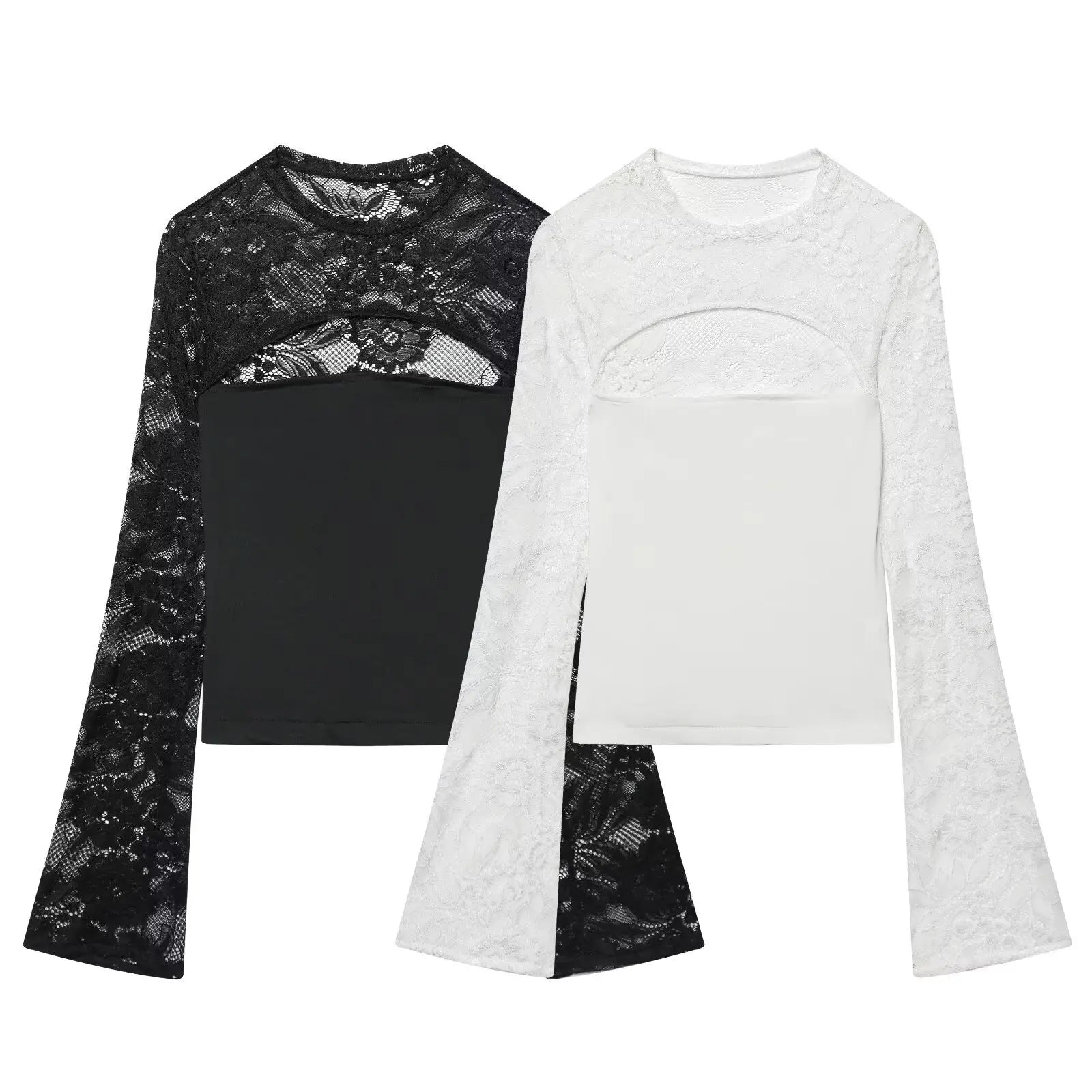Women's Fashion Casual Lace Patchwork Hollow Bell Sleeve Blouse Women Pack Lace Sleeve Tops Black White Sheer Mesh Casual DOS5