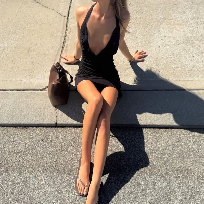 FDYOUI Fashion Halter Off Shoulder Sleeveless Tunics Short Dress Streetwear Womens Summer High Waist Backless Slim Party Dresses