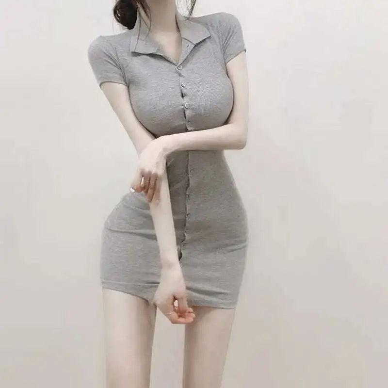 South Korea 2023 New Spring/Summer Dress Small Sexy Slim Fit Temperament Tight Short Sleeve Slim Wrap Hip Short Dress IDEI