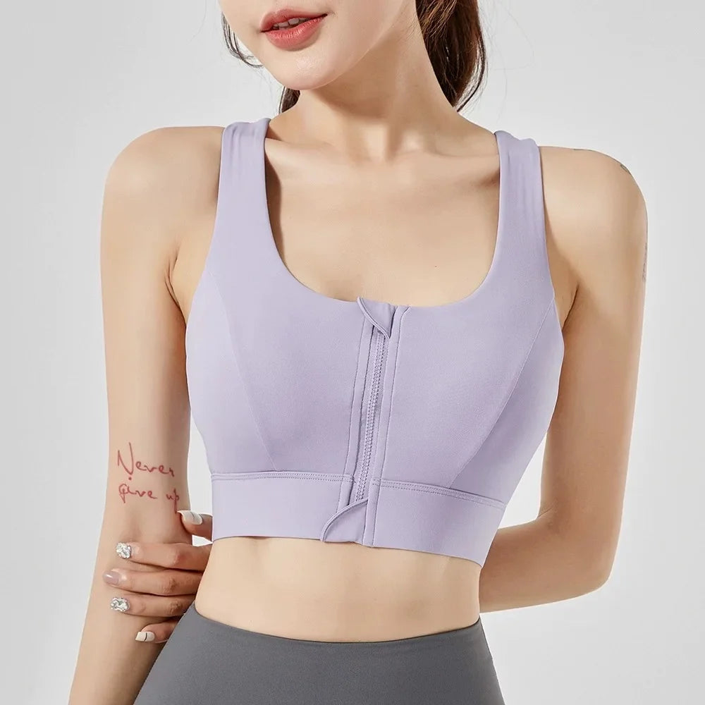 Large Size Women's Sports Fitness Bra Shock-Absorbing Gathered Front Zipper Design No Buckle Needed for Comfortable Fit